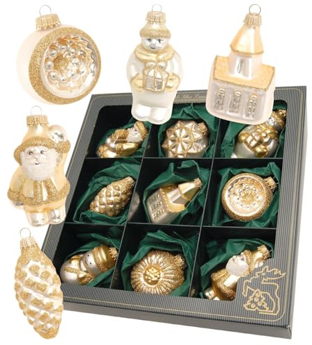 Krebs Glas Lauscha - Weihnachtsdekoration/Christbaumschmuck aus Glas - Gemischte Formen & Figuren - Farbe: Gold - Menge: 9 Stück - Größe: ca. 6-8 cm