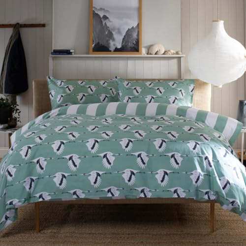 Lobster Creek Sedge 100% Cotton Duvet Cover Set with Pillowcases – 144TC, Crane Pattern, Reversible Design, Button Fastening – Blue & Green, Single/Double/King/Super King Sizes [Gr-Do]