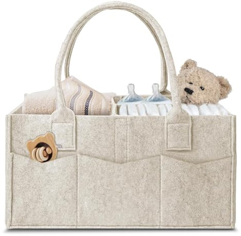 VIRAHYEM Nappy Caddy Organiser, Newborn Essentials Diaper Caddy, Portable Washable Nursery Storage Basket with Detachable Compartments, Baby Essentials, Nappy Organiser, Baby Shower Gifts (Khaki)