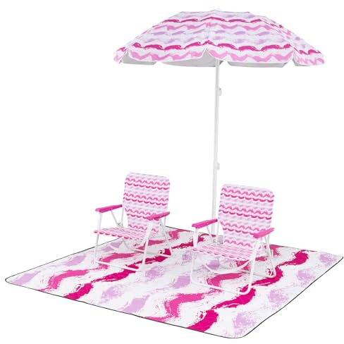 COSTWAY 4 Pieces Beach Umbrella Set, Portable Parasol with 2 Foldable Chairs and Picnic Blanket, Outdoor Camping Chair Sets (Pink)