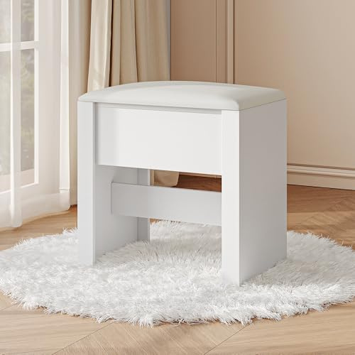 HEXCELEN Hocker Schminktisch, 30 x 40 x 44 cm, Weiß | Sitzhocker Gepolstert, Makeup-Hocker mit Rutschfesten Fußpads, Geeignet für Ankleidezimmer, Schlafzimmer, Eingangsbereich