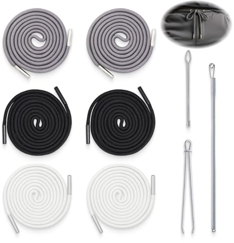 9 Stück Kordel für Jogginghose mit Einfädelhilfe, Ersatz Kordeln in Schwarz Weiß Grau je 2 Stück, inkl. 3 Einfädelwerkzeuge für Hosen, Hoodies, Jacken, Shorts, Turnbeutel, DIY Nähzubehör