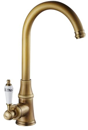 Kitchen Tap High Arc Sink Mixer Taps, Antique Style Brass Single Lever 360° Swivel Commercial Kitchen Faucet, 1 Hole, Antique Brass Finished