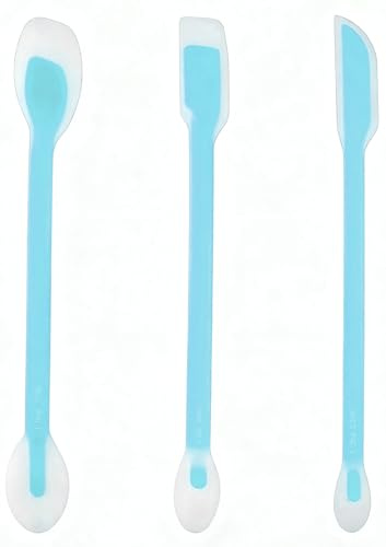Silicone Dual-Ended Spatula Spoon Set of 3 – Long Handle Jar Scraper & Measuring Spoon with Scale (1 Tbsp, 1 Tsp, 1/2 Tsp) – for Jam, Baking, Cooking, Peanut Butter (blue)