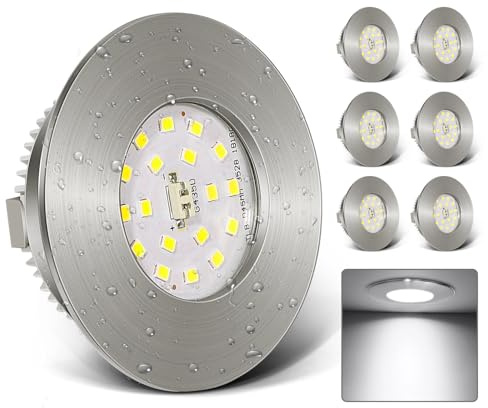 Kimjo 6 W Foco Empotrable LED 230 V Blanco Frío 6000K, 6 Piezas | Focos LED Ultraplanos, IP44 Impermeable, Corte 60-65mm, Focos de Techo para Baño Salón, Focos Lámpara de Techo, Níquel Mate