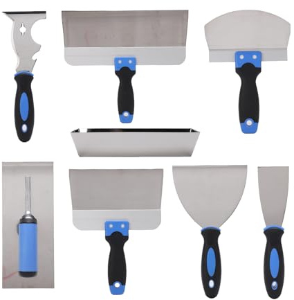 Luocute Set di Attrezzi per Cartongesso, Set di Fango per Cartongesso 8 Pezzi in Acciaio Inossidabile con Vaschetta per Fango 14, Raschietti 8/12, Spatola Ad 6,5, Spatole per