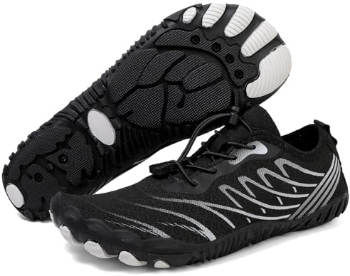Shephorion Barefoot Water Shoes for Women Men, Quick Dry Aqua Beach Shoes with Wide Toe Box, Non-Slip for Swim Surf Diving Hiking Gym,Black/Silver, 8 UK