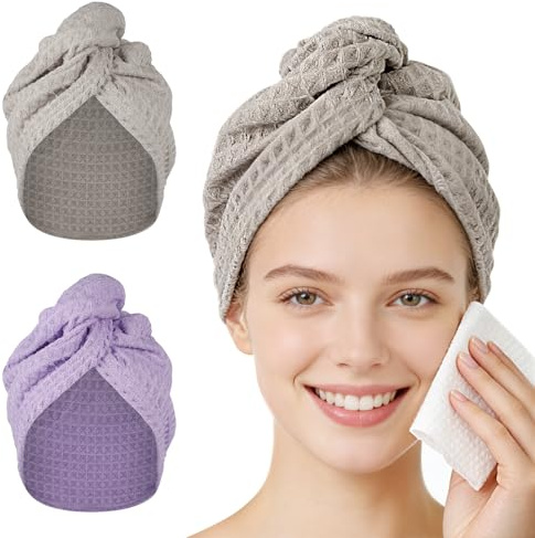 ABOHU Mikrofiber hårhandduksomslag, 2-pack superabsorberande hårturbaner för snabbtorkande, snabbtorkande mikrofiberhandduk för kvinnor lockigt långt vått ploppande hår flickor huvudhandduk stor