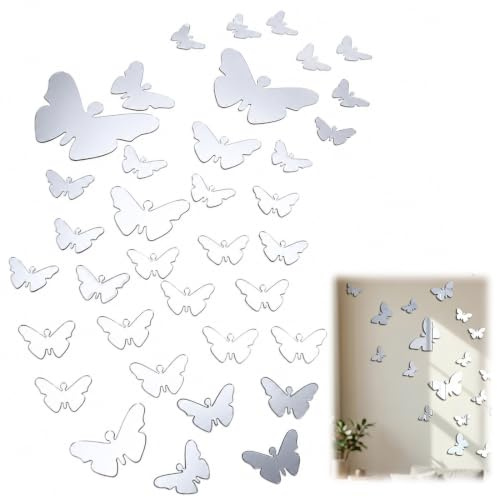 TEHJAM 36 Piezas Mariposas Espejos Adhesivo Pared Decorativos,Mariposas Decorativas,Pegatinas Pared Decorativas Acrílico Plata 3D para habitación,salón,dormitorio,oficina