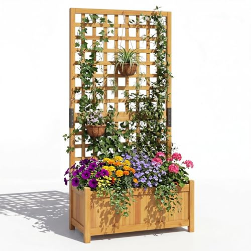 GOPLUS Jardinera con Enrejado, Macetero Elevado de Madera de Abeto con Celosía, Orificios de Drenaje y Base Desmontable, Cama de Plantas para Patio, Jardín y Balcón, 76 x 32 x 143 cm (Naranja)