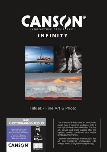 CANSON Infinity Rag Photographique Duo Ultra Smooth 220 gsm A4-papper, digital konstreproduktion, 25 rena vita ark, perfekt för professionella fotografer