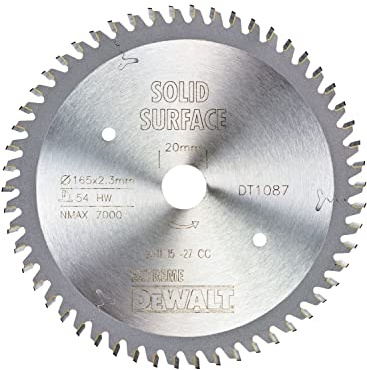 DEWALT Extreme Kreissägeblatt DT1087 (für Tauchkreissägen, Sägeblatt-ø 165/20 mm, Schnittbreite: 2,3 mm, 54 Zähne, Zahngeometrie: Trapez-Flachzahn, Zahnwinkel: 0°, für extra feine Schnitte) 1 Stück