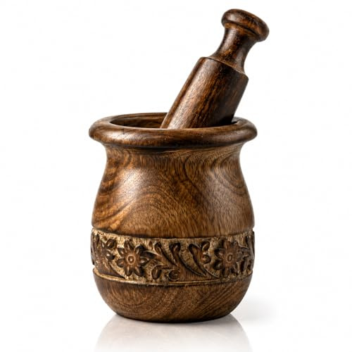 Handgefertigtes Holzmörser und Stößel Set mit natürlichem rustikalem Stil Kräutermühle Masala Mixer Manuelle Kharal Mashing Bowl Seasonings Pillenzerkleinerer Küchenutensilien Einweihungsgeschenk