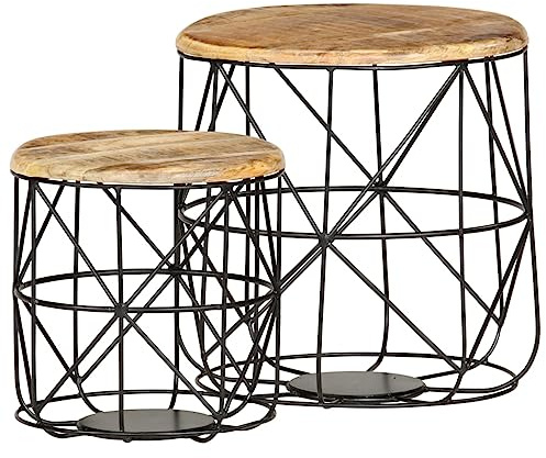 vidaXL 2X Mangoholz Massiv Couchtisch Beistelltisch Satztisch Kaffeetisch Sofatisch Wohnzimmertisch Teetisch Tisch Korbtisch Metallkorb