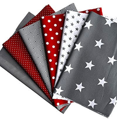 babrause® Stoffpaket Patchwork Baumwollstoffe 12 x (25x35cm) (Rot Grau Weiß)