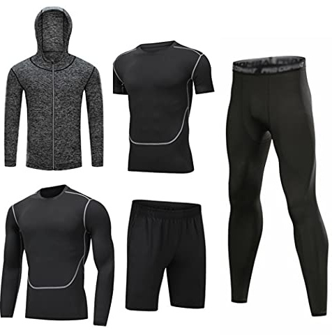 HZQIFEI Män 5 stycken fitness träningsoveraller kostym kompressionströja sportkläder snabbtorkande andas för löpning gym fitness, Stil #1, XL