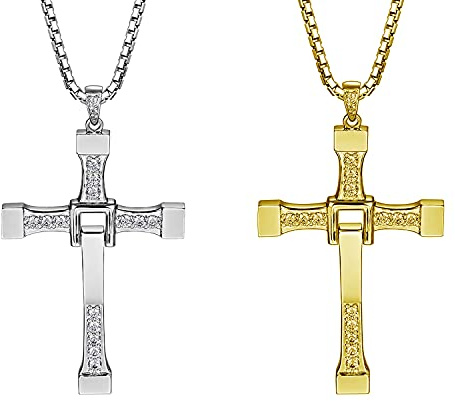 HJYZY 2 Stück Fast & F Kreuz Kette Halskette Anhänger Schmuck Gold Silber Geschenk für Ehemann/Verwandten/Freund