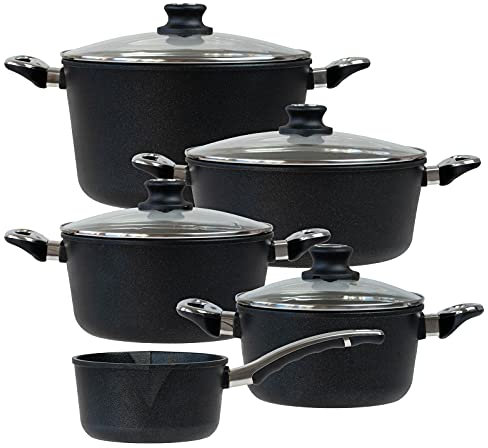 BAF beschichtetes Aluguss Topfset Induktion 9-teilig Kochtopf 24 cm + 28 cm, Bratentopf 20 cm, Gemüsetopf 28 cm & Stieltopf 18 cm