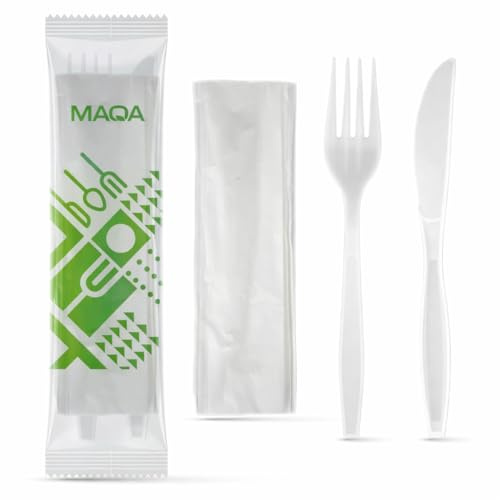 MAQA 100 piezas Cubiertos biodegradables y compostables, Tenedor y cuchillo envueltos individualmente con servilleta, Bis cubiertos