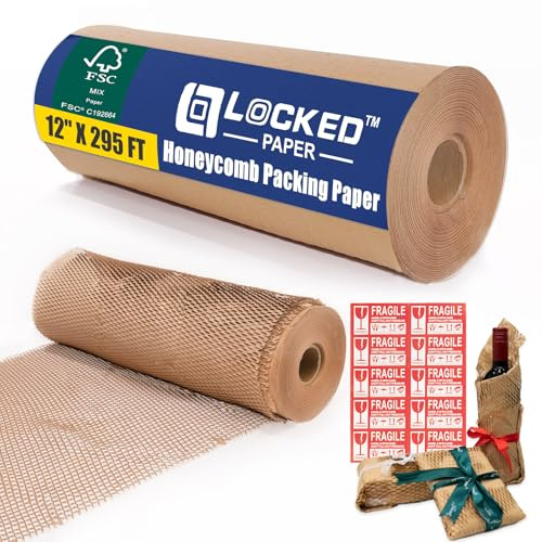 Honeycomb Packing Paper Roll 12 x 295 FT with Fragile Stickers– Biodegradable Cushioning Wrap for Moving, Shipping & Gift Wrapping – 100% Recyclable, FSC Certified Eco-Friendly Packaging