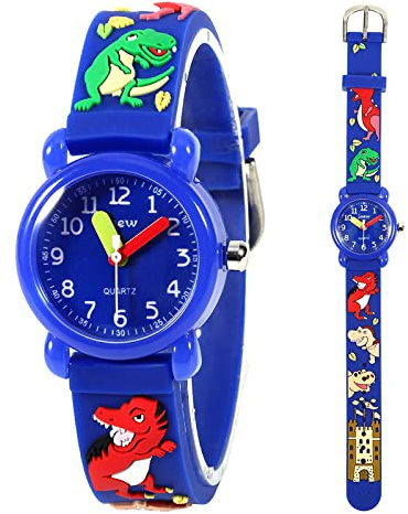 Mädchen und Jungen Analog Quarz Uhr mit Cartoon Design 30M Wasserdichte Silikon/Nylon Armband Japanischen Quarzwerk Lern Armbanduhr für Kinder 3-10 Jahre (Silikon - Dino Blau)