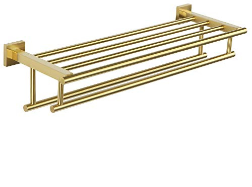 SAYAYO Double Barre Porte Serviette Mural de Salle de Bain, Support Serviette avec Étagère en Acier Inoxydable pour Cuisine Toilette, Longueur 60CM Doré, EGZ8000-G