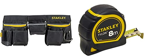 Stanley 1-96-178 Porte Outils en Toile 600 x 600 deniers - Nombreuses Poches - Renforcée avec Rivets en métal - Dimensions 60 x 25,5 x 7,5 & Mètre Tylon Bi Matière 8m x 25mm - Ruban Anti-Corrosion