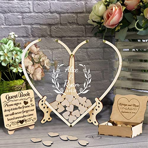Personalisiertes Gästebuch mit Herz Alternative mit 30-100 Holzherzen Holz Hochzeit Drop Box Rustikal Gästebuch Zeichen Hochzeit Dekoration,Herz-Gästebuch-Stil 1