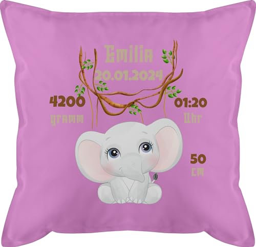 Kissen 50x50 - Geburtsgeschenk Elefant Datum Gewicht Uhrzeit Größe I Geschenk zur Geburt - 50 x 50 cm - Pink - personalisiertes geburtskissen personalisierte Baby Elefanten männerkissen Junge