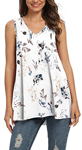 AUSELILY Camiseta sin Mangas para Mujer Adulto con Cuello en V y Estampado Floral Blanco (M)