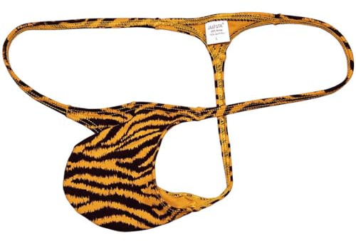 Jaxu Men's Micro Thong Stretchy String Mini Bikini Guys T-Back Pants Orange Tiger Stripe XL