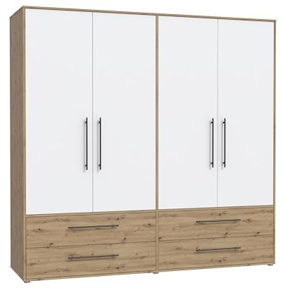 FORTE Jupiter Schrank 200 210, weißer Kleiderschrank, Drehtürenschrank, 4-türig, mit 2 Schubladen und Einlegeböden, Weiß mit Holz Dekor: Artisan Eiche, 206 cm breit x 59 cm tief x 200 cm hoch