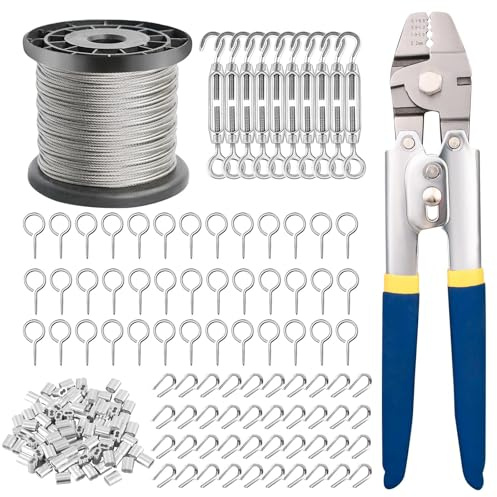 TooTaci 100M Drahtseil Crimpwerkzeug Set, 1,5mm Edelstahlseil mit Swager-Crimpwerkzeug, 2-in-1 Schneid- & Crimpzange, Ideal für Rankgitter, Zaun- und Geländermontage