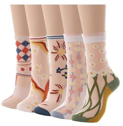 Wekuw 5 Paia Calzini Floreali Trasparenti Calze Donna Corte Estivi in ​​Pizzo a Rete Sottile Velati Calze alla Caviglia Velati Calzini Estivi Donna Moda Sottile Calzini Eleganti