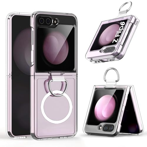 MSOTES for Galaxy Z Flip 6 Case with Ring Compatible with Magsafe, Built-in Strong Magnetic & Ring Holder, Crystal Clear Hard PC Anti-Yellowing Ultra-Thin Slim Fit Samsung Galaxy Z Flip6 (Clear)