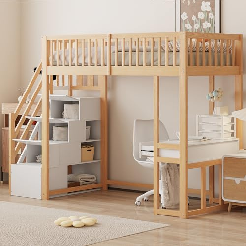 WIZBED Hochbett mit Schreibtisch und Stauraum Treppe 90x200, Etagenbett mit Lattenrost & Rausfallschutz, Kinderbett Bettgestell Einzelbett Funktionsbett,Natur,ohne Matratze