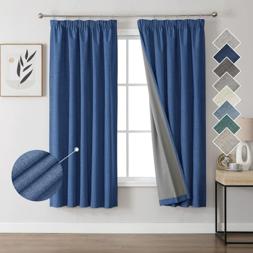 Joydeco 100% Verdunkelungsvorhänge Leinen Gardinen mit Kräuselband 2er Set H175xB140cm Marineblau, Thermovorhang Kälteschutz Blickdicht Schallschutz Ideal für Wohnzimmer passt zu Schienensystemen