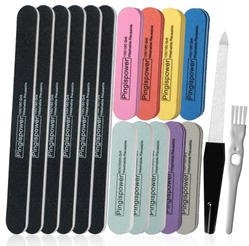 Pingispower Nagelfeile und Polierblock, 17-teiliges professionelles Maniküre-Set mit Metallfeilen, Schmirgelbrettern und Polierblöcken, 100/180 & 600/3000 Körnung für natürliche Zuhause und im Salon
