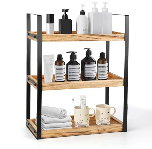 MUCOOS 3 Ebenen Standregal Badezimmer Organizer, Feuchtigkeitsgeschützt Holzregal Badezimmer Braun Regal Holz mit Metallgestell, Multifunktionales Gewürzregal, Schreibtisch-Organizer für Küche
