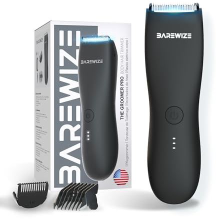 BAREWIZE Body Hair & Pubic Hair Trimmer for Men | Waterproof, USB-C Rechargeable, LED Light, Replaceable Ceramic Blade, Electric Ball Shavers, Manscape Kit, Mens Personal Groomer (Raven Black)