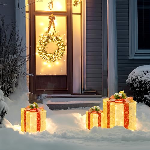 Outsunny LED Weihnachtsdeko 3-Teiliges Geschenkboxen 58 Warmweißen LEDs