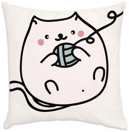 Fabulous Kissen aus weißem Samt – Katze Wollknäuel niedliches Design Kawai – 40 x 40 cm – samtige Haptik – Bezug und Kissen enthalten