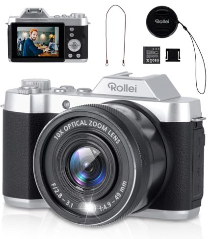 Rollei Powerflex 10x Retro Digitalkamera, 64MP 4K Fotokamera mit Akku & 10X Optischem zoom Fotoapparat mit 8 Fotomodi 2,88“ IPS-Display Tragbar Kompaktkamera Vintage, Digital-Kamera-Fotoapparat-Camera