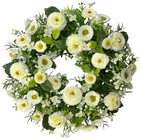Künstlicher Belliskranz. ca. 30cm. Künstliche Gänseblümchen, Frühlingsdekoration, Frühlingskranz, Türkranz, Türdekoration Weiß Creme