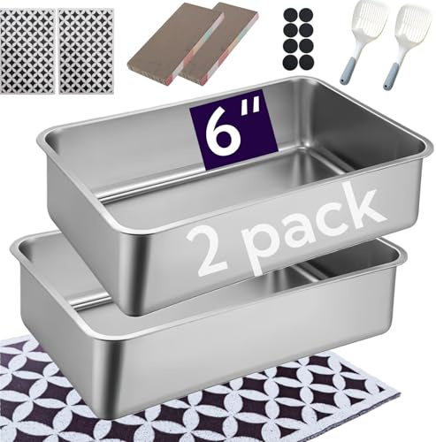 Spindro Lot de 2 bacs à litière en acier inoxydable pour chat avec côtés hauts - Bac en métal pour chat, grand bac à litière d’intérieur, ne jamais absorber les odeurs, fournitures de toilette pour
