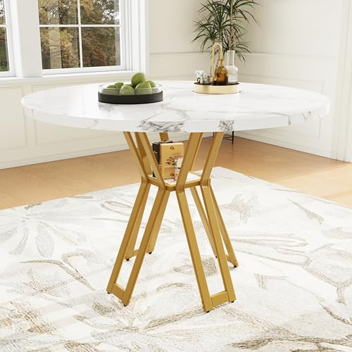 Goeria Runder Esstisch (100 x 100 x 76 cm), Leichter und luxuriöser runder Tisch für 4-6 Personen, geeignet für Esszimmer und Wohnzimmer, goldene Beine, marmorierte Tischplatte aus MDF
