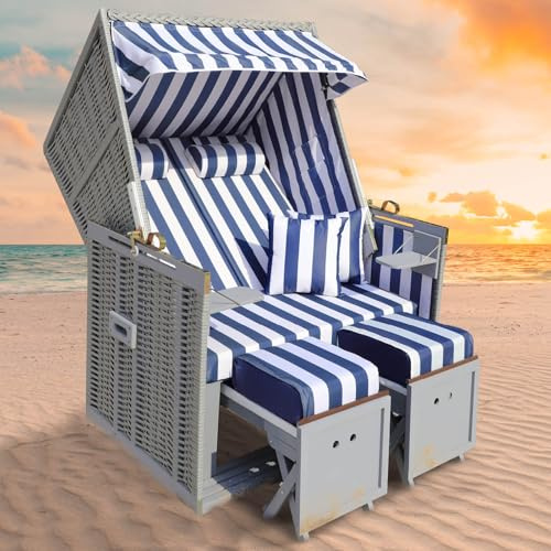 BRAST Strandkorb Norderney Deluxe für 2 Personen | 120cm breit | 4 Designs | inkl. wetterfeste Abdeckhaube, verstellbare Rückenlehne Fußkissen | Grau/Blau/Weiß - gestreift