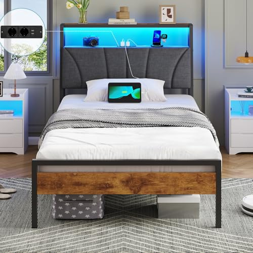 Brinlawb Letto Imbottito 90x190 cm, Struttura letto con Luce LED e Stazione di Ricarica (2 Prese CA 2 Porte USB) Struttura letto con piattaforma in metallo, Facile da montare, Moderno, Nero e Grigio
