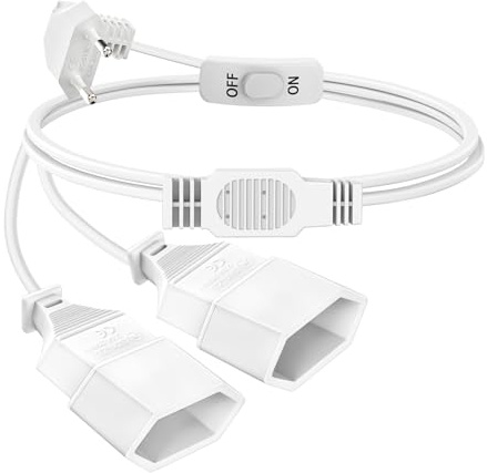 2 in 1 Verlängerungskabel Flachstecker mit Schalter 0,5M Kurzes Eurostecker Verlängerung, 90° Eurostecker, Stromkabel Flach 250V/2,5A, 0.75 mm² Typ-C Euro Buchse für TV PC Computer Monitor, Weiß