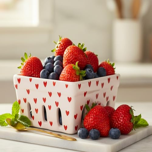 CHACH Ceramic Berry Basket with Heart Pattern, Pink Decorative Fruit Bowl Container, Farmhouse Kitchen Storage for Sweets and Produce Fruit Bowl Container Kitchen Decor